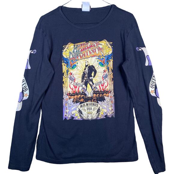 Harley Davidson Womens Shirt Black Motor Queens Milwaukee Long Sleeve Large - Picture 1 of 15
